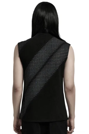 Ärmelloses gotisches Tanktop mit grauem diagonalem Jacquard-Muster, Rückansicht mit Schulterkonstruktion und Rückendesign
