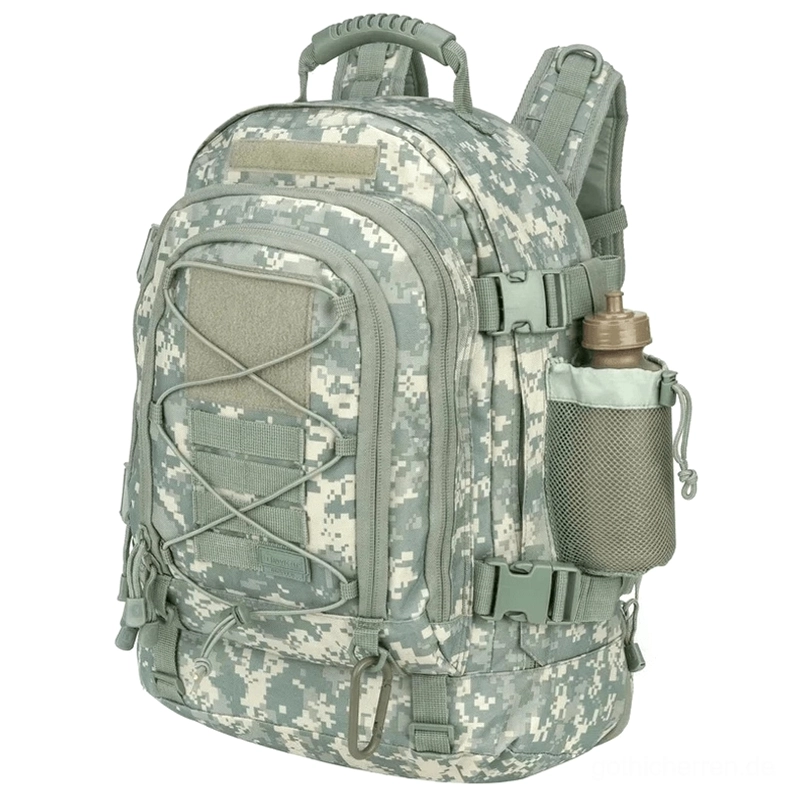 Grau Camouflage Tactical Rucksack 56-75L mit dystopischer Ästhetik und verstärkten Nähten - expandierbares Gray Camo Cargo Pack ultraviolet aesthetic