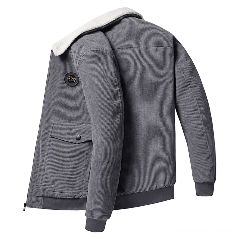 Grau Cordsamt Gothic Jacke Seitenansicht mit weißem Sherpa-Kragen, industriellen Details und strukturiertem Design – Alternative Herrenjacke Draufsicht