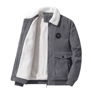 Grau Cordsamt Gothic Jacke mit weißem Sherpa-Fleece-Futter, industriellem Reißverschluss und gerippten Manschetten – Alternative Winter Outerwear