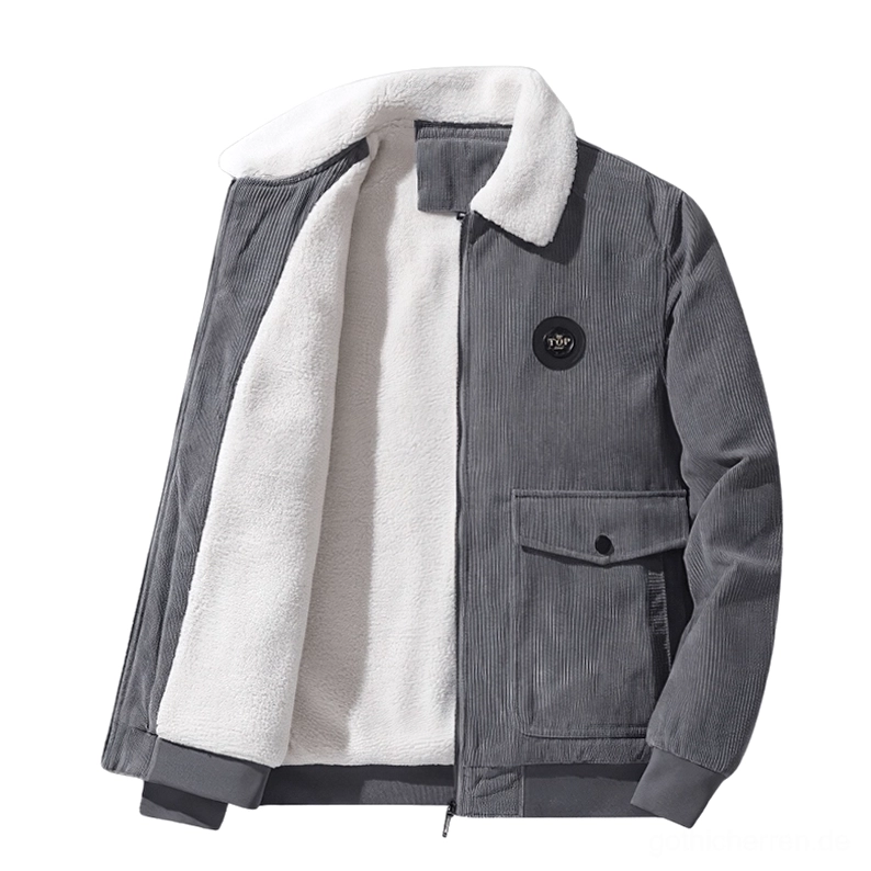 Grau Cordsamt Gothic Jacke mit weißem Sherpa-Fleece-Futter, industriellem Reißverschluss und gerippten Manschetten – Alternative Winter Outerwear
