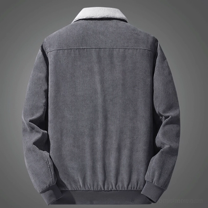 Grau Cordsamt Winter Parka vollständige Rückansicht mit sauberer Gothic-Silhouette, gerippten Details und professionellem Schnitt – Alternativ-Herrenjacke