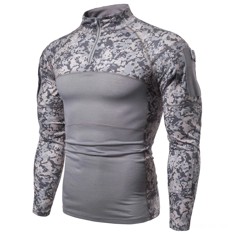 Grauer Digital Camouflage Tactical Combat Top mit 1/4 Zip-Kragen und linker Ärmel-Utility-Tasche, Front-Dreiviertelsicht