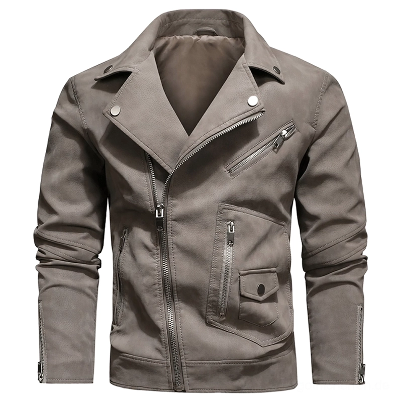 Hellgrau-Taupe Gothic-Bikerjacke mit Revers-Stil asymmetrischem Reißverschluss und Kragenakzent Frontansicht