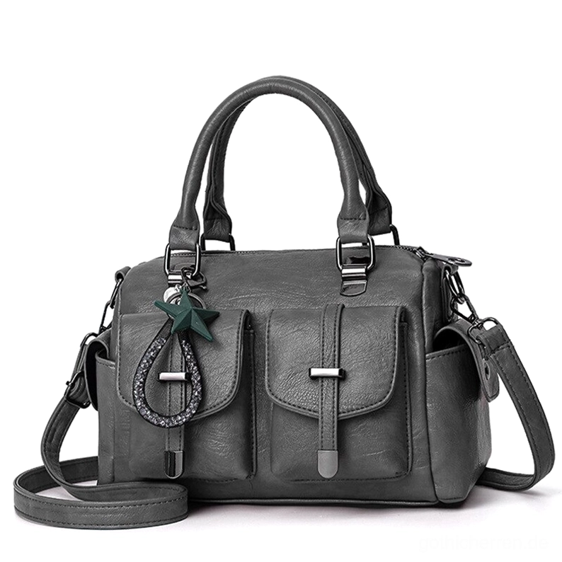 Dunkelgraue gotische Lederschultertasche mit himmelschem Stern-Anhänger und Innentasche – stimmungsvolle elegante Vintage-Okkulte-Tote für Goth-Liebhaber