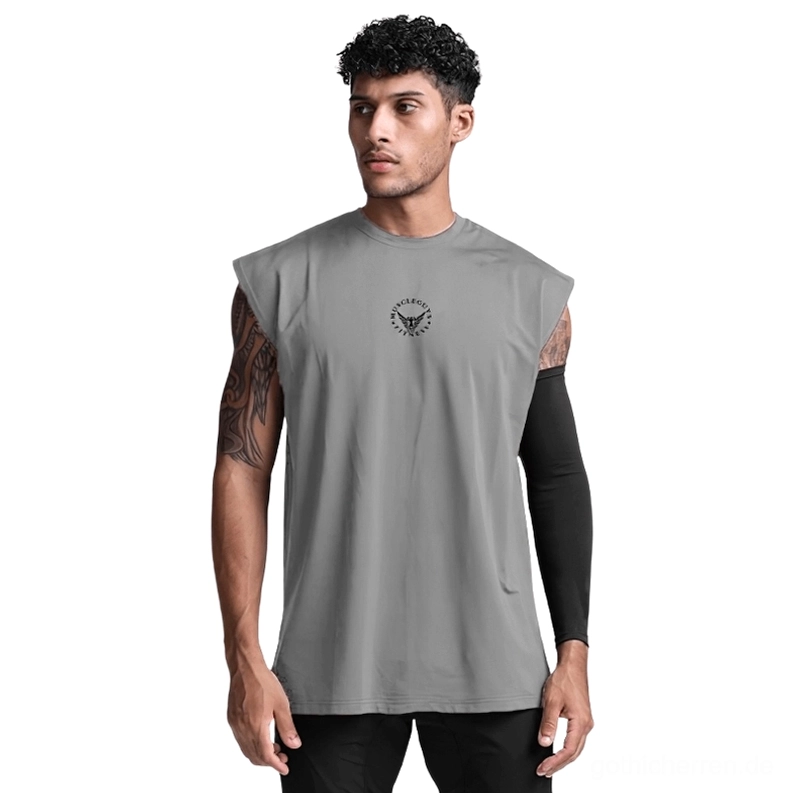 Grau Gothic Mesh Tanktop für Herren ärmellos mit Brustgrafik, Studio Frontansicht, Gothic Muskelshirt
