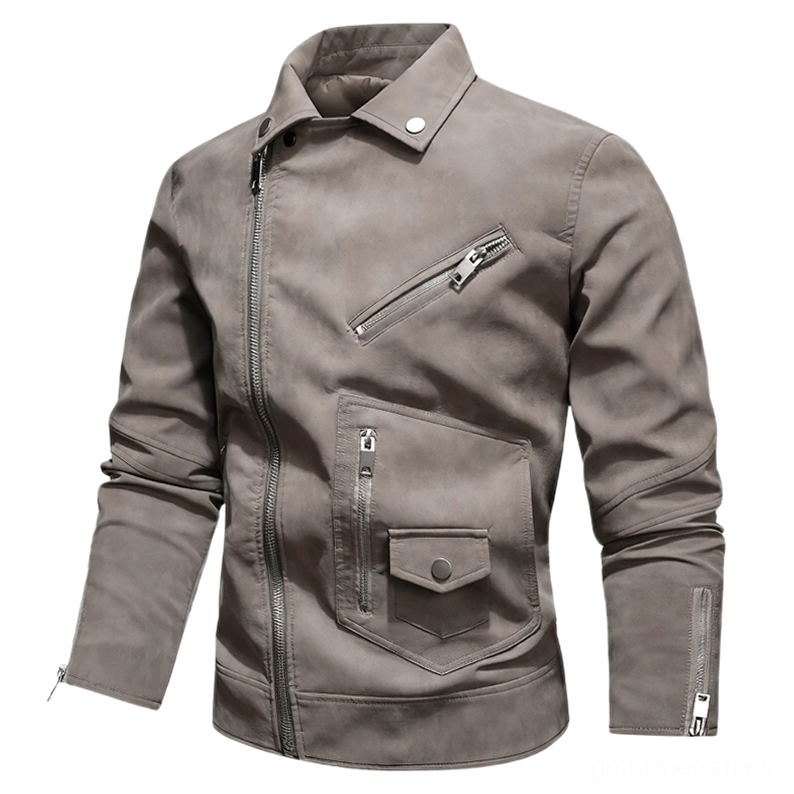 Hellgrau-Taupe Gothic PU-Lederjacke mit Multi-Pocket-Design asymmetrischem Verschluss und Ärmels-Reißverschlüssen