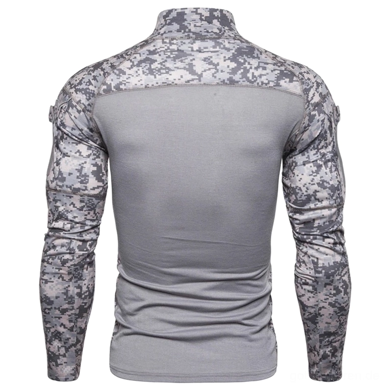 Rückansicht des grauen Tactical Sweatshirts mit Digital Camouflage-Muster über Oberrücken und Schultern