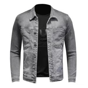 Graue Slim-Fit Denim Jacke für Herren – Industrielle Gothic Ästhetik mit einreihigem Button-Closure und Umlegekragen – Vorderansicht Flat-Lay