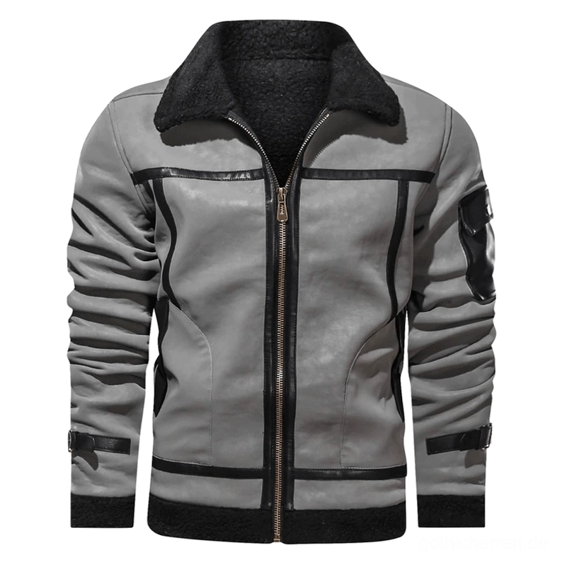 Graue Gothic Biker-Lederjacke mit schwarzem Shearling-Kontrast, strukturiertem Kragen und Winterwärme-Fleece-Lining