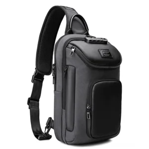 Graue wasserdichte Herren-Gothic-Sling-Crossbody-Tasche mit gepolstertem verstellbarem Trageband Vorderansicht Urban-Design