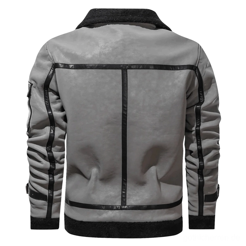 Rückansicht der grauen Gothic Lederjacke mit schwarzem Saum-Trim, verstellbaren Ärmel-Riemen und präziser Nahtverarbeitung