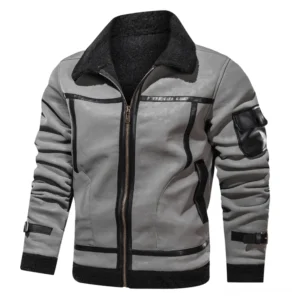 Graue Gothic Lederjacke mit schwarzem Shearling-Kragen, Umlegekragen-Design und industriellem Reißverschluss-Verschluss