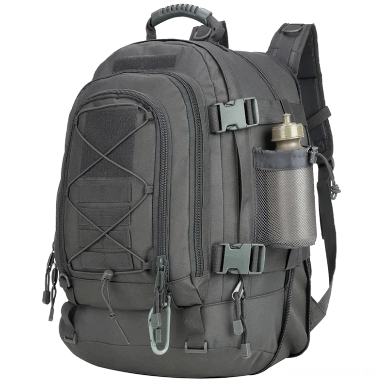 Charcoal Grau expandierbarer Tactical Rucksack mit Kunststoff-Kompressionsverschnallen und industrieller Hardware - Seitenansicht Softback-Design 56-75L