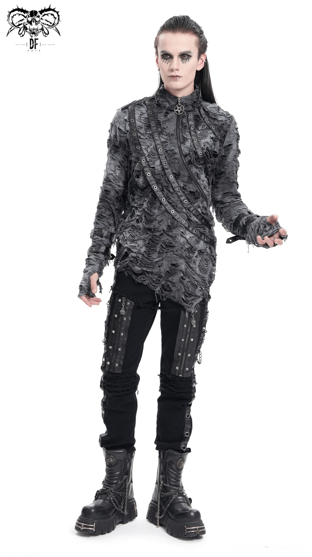 Graues zerrissenes Gothic Sweatshirt mit allen Webbing und Reißverschluss-Details hervorgehoben und akzentuiert