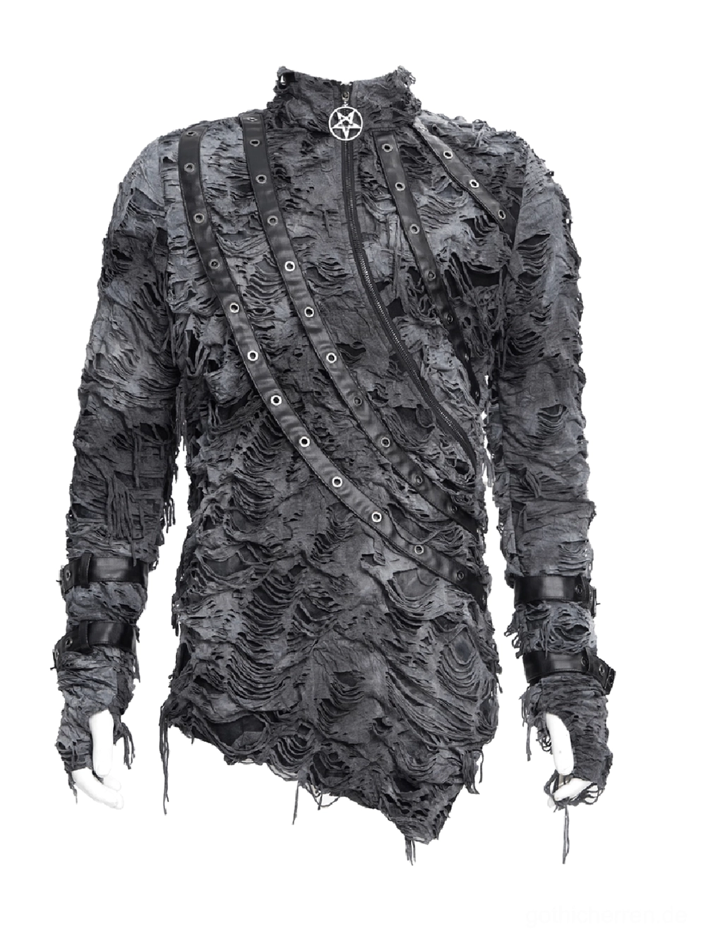 Graues zerrissenes Gothic Sweatshirt mit Webbing-Straps und fingerlose Manschetten auf Schaufensterpuppe in Frontalansicht