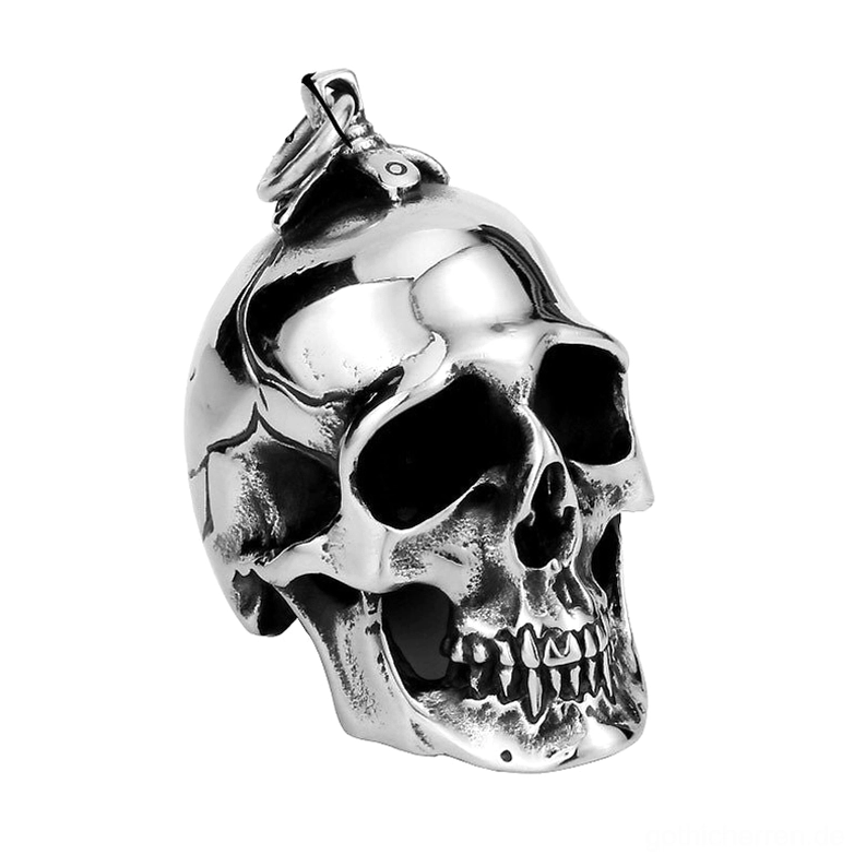 Großer anatomischer Totenkopf-Anhänger aus poliertem Edelstahl 316L mit Henkelschlaufe in Dreiviertelperspektive Gothic Halskette