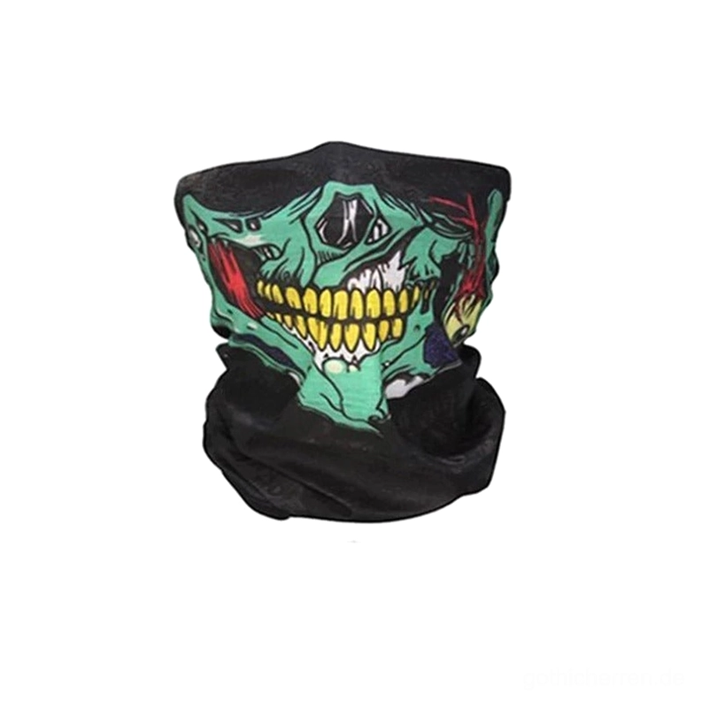 Grüner Schädel mit gelben Zähnen Gothic-Neck-Gaiter, Horror-Punk-Stil Totenkopf-Druck auf schwarzer Basis mit intensiven Farben