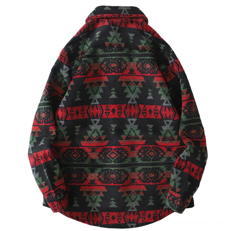 Grün-Rot Gothic Tribal Hemd Rückansicht – Komplettes ethnisches Geometric Pattern Design mit vollständigen langen Ärmeln und entspanntem alternativen Schnitt