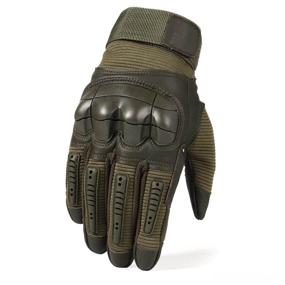 Olivgrüne taktische Handschuhe Frontalansicht mit Knöchelschutzarmor, Belüftungsschlitzen und verstellbarem elastischem Handgelenksbund, Detail-Sicht