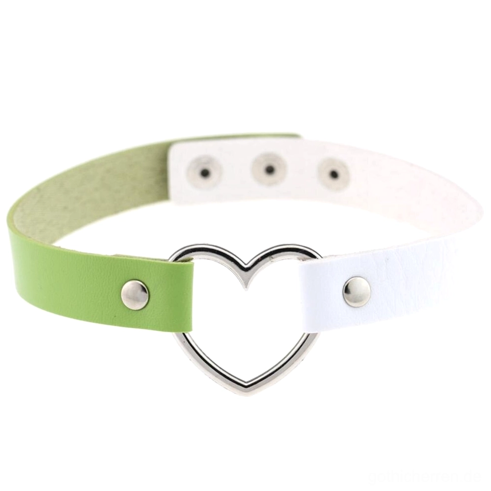 Grünes und weißes zweiteiliges Leder Herz-Choker mit silberner Hardware und verstellbarem Verschluss, alternative Fashion Halsband