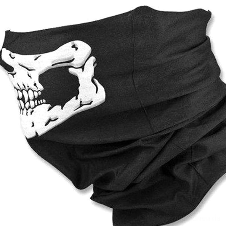 Halb-Schädel-bedruckter Gothic-Neck-Gaiter Flachlage, zeigt partielles Totenkopf-Grafik-Design und Schlauch-Konstruktion des elastischen Gaiters