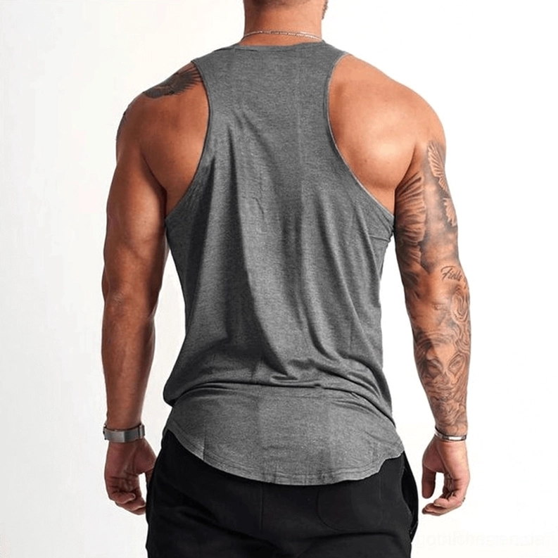 Heather Grau Gothic Herren Muskelshirt ärmellos, Rückenansicht mit Racerback-Design, athletisches Bodybuilding-Vest in grauer Farbe