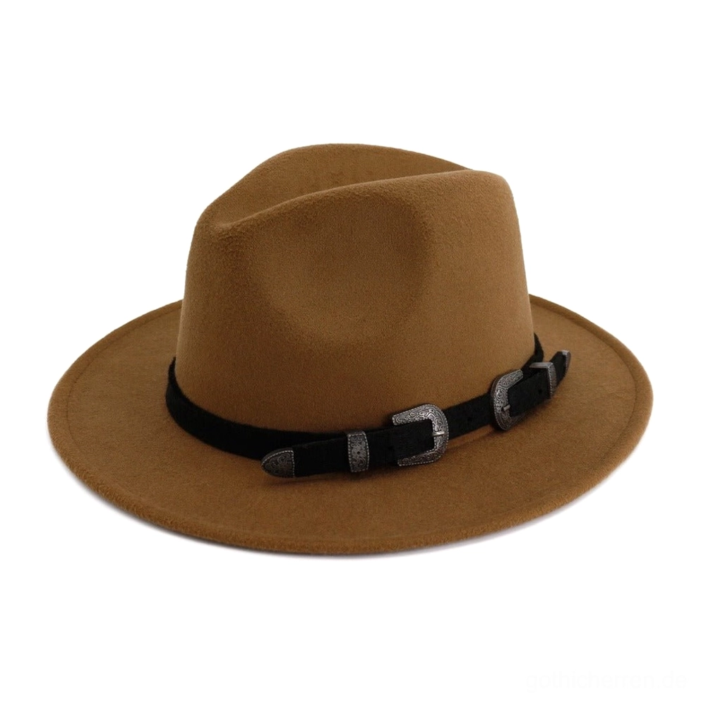 Hellbeige Felt Fedora mit Westernschnallen-Hutband, vielseitiges Gothic-Accessoire Flat-Lay-Ansicht