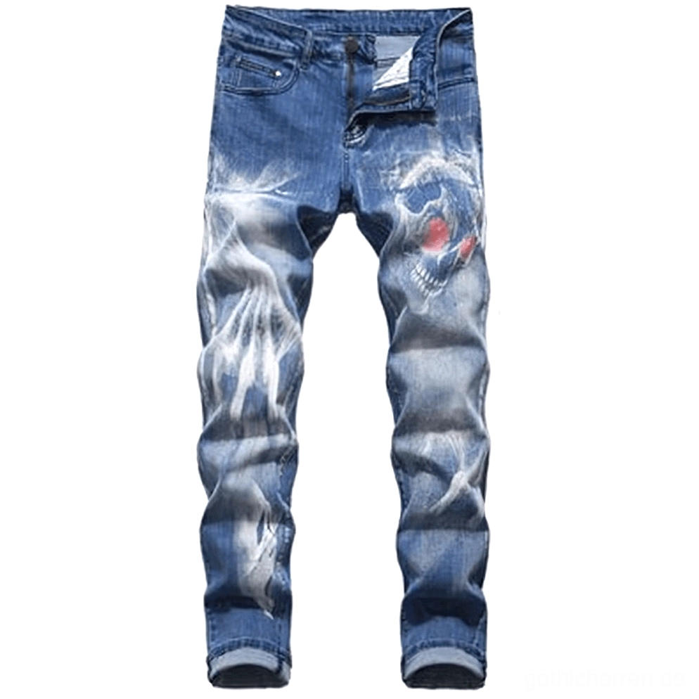 Hellblaue verwaschene Gothic-Schädel-Jeans mit roten Akzent-3D-Drucken - Frontansicht Flat-Lay-Darstellung