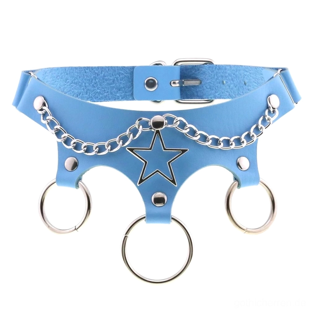 Hellblau Leder-Stern-Choker mit Kette und Pentagramm-Metallverzierung gotisches Halsband Farbversion