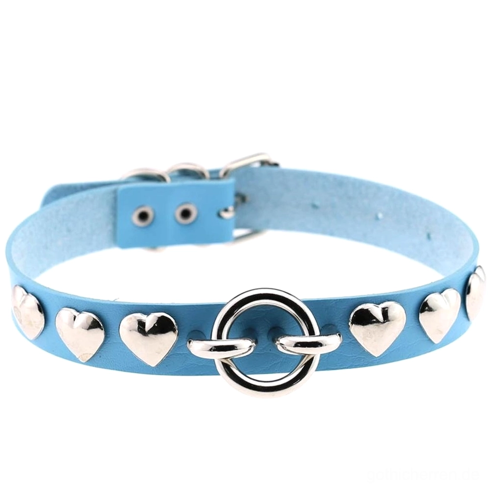 hellblau pu leder herzchoker mit silber o-ring und herznieten cyber goth jewelry produktstyling