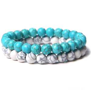 Hellblau Türkis Howlith Perlenarmband mit Doppelstrang-Design, natürliche Steinperlen 8mm, unisex gothisches Schmuckstück mit weißer Aderung, elastische Schnur Konstruktion Draufsicht