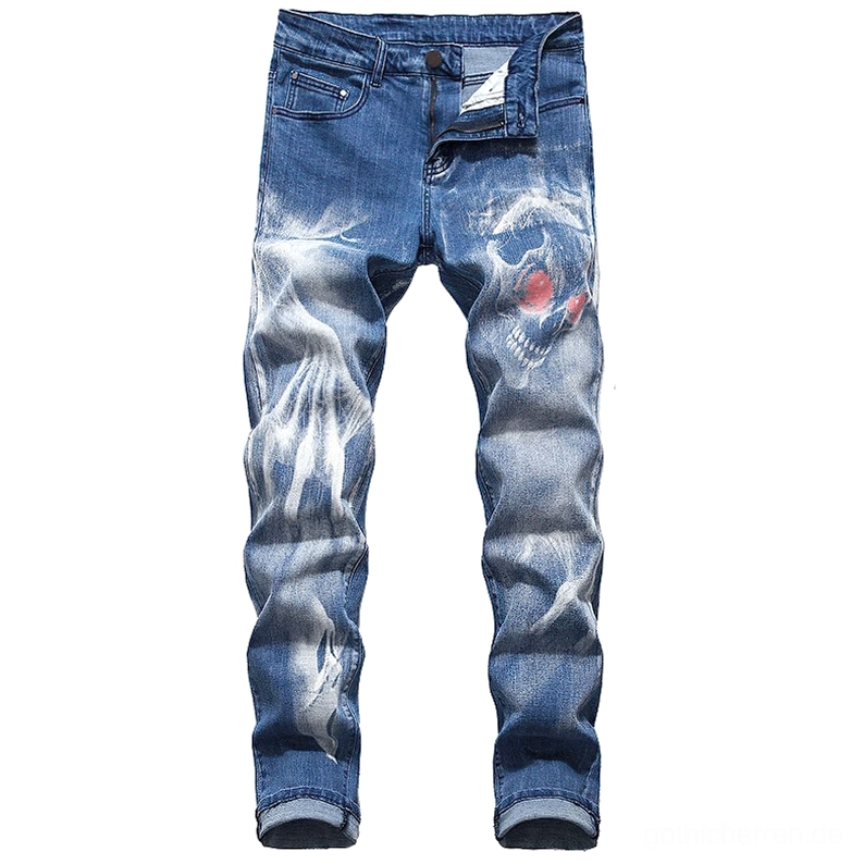 Hellblaue Skinny-Denim-Jeans für Herren mit rotrosafarbigen Totenkopf-Augen und künstlerischen gebleichten Details
