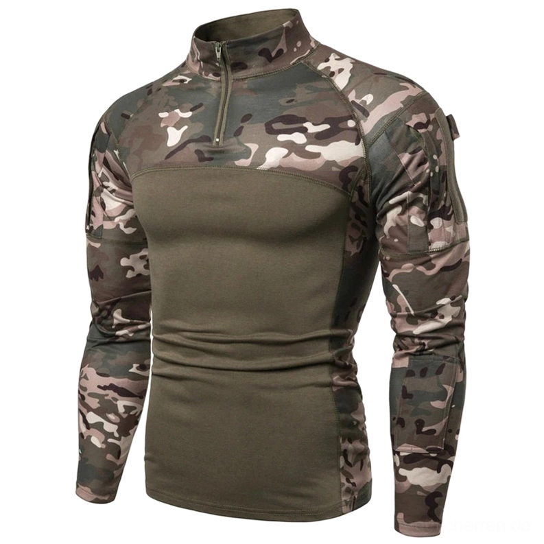 Hellbraun taktischer Military Sweatshirt mit Utility-Tasche und Camouflage-Druck, Front-Dreiviertelsicht zeigt Armeltasche