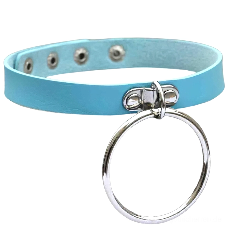 Hellcyan Blau Punk Kunstleder Choker mit silbernem kreisrundem Vorhängeschloss, alternative Gothic Schmuck, verstellbare Schnappverschlüsse, Cyberpunk Fashion Halsband