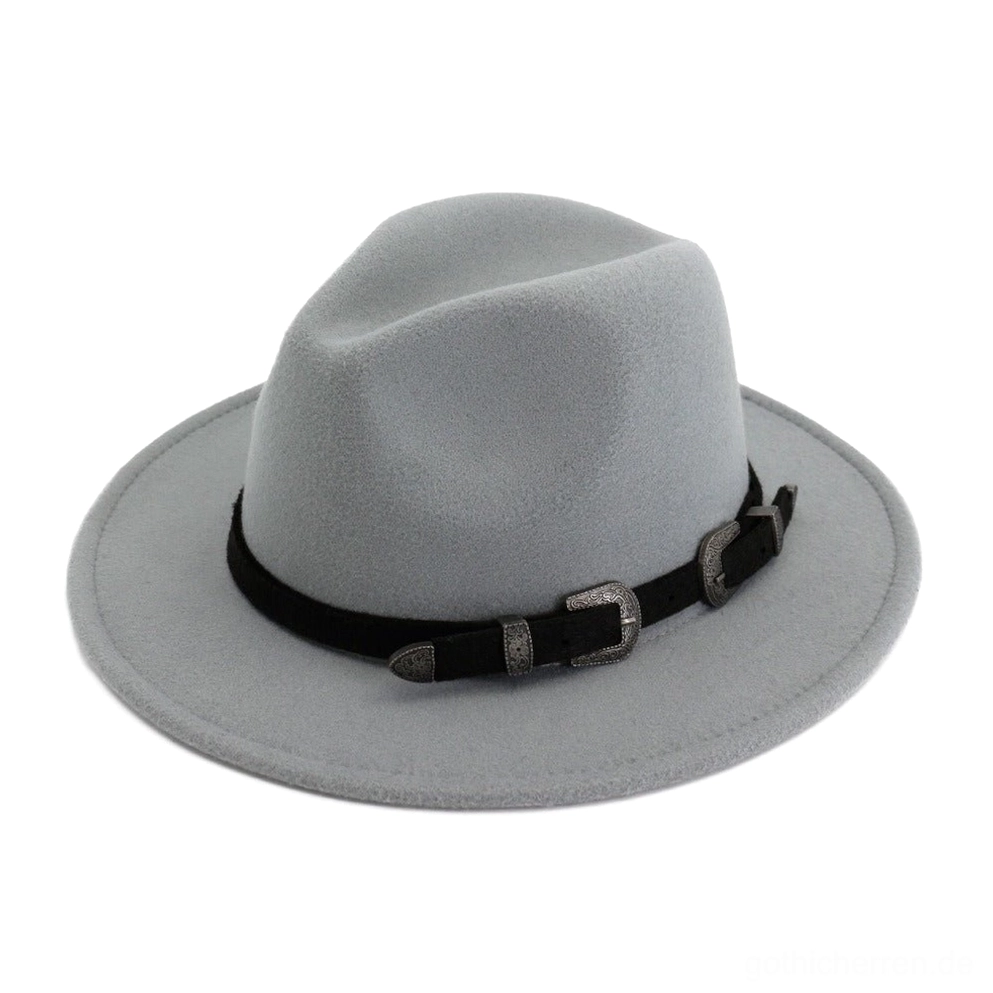 Hellgrauer Filz-Trilby Hut mit dualen Metallschnallen-Riemen, modernes Gothic-Hut-Design Produktaufnahme