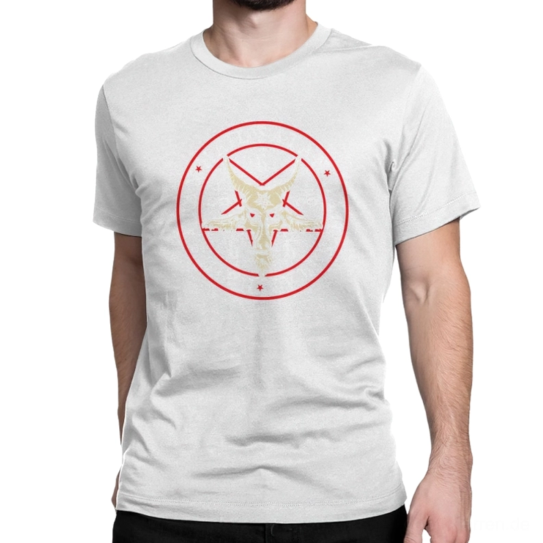 Hellgraues Pentagramm-Ziegenkopf-T-Shirt auf Model – minimalistische okkulte Design mit modernem Edge