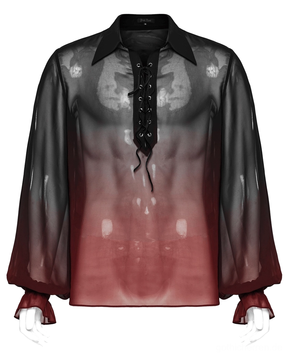 Vollständige Vorderansicht Herren-Chiffon-Hemd mit spitzem Kragen und durchsichtiger Chiffon in Farbverlauf-Schwarz-Weinrot, Laternärmelsil