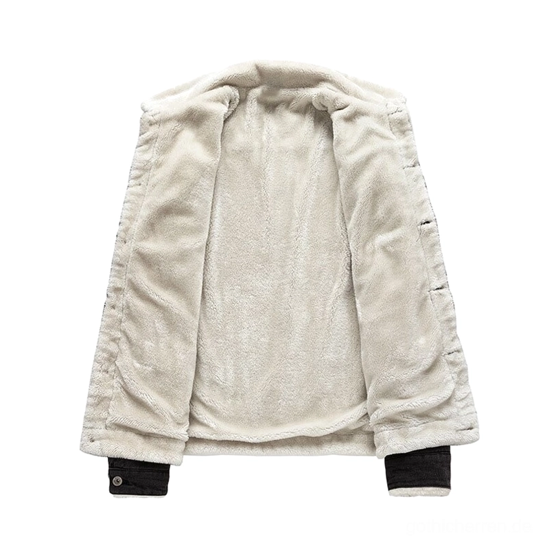 Herren-Denim-Jacke innere Sherpa-Fleece-Auskleidung Flat-Lay mit weicher, flauschiger Textur, sauberen Nähten und verstellbaren Manschetten mit Druckknöpfen