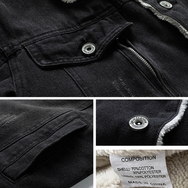 Herren-Denim-Sherpa-Jacke Detail-Nahaufnahmen zeigen Druckknöpfe, Fabrication-Tag (70% Baumwolle 30% Polyester), Nähkonstruktion und Taschengröße - Detailfotos