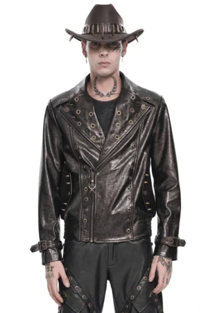Herren distressed Bronze-Braun Gothic Biker Jacke mit Metallnieten und asymmetrischem Reißverschluss Vorderansicht auf Modell