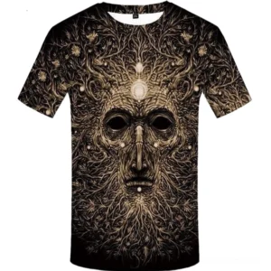 Herren Gothic 3D Surreal Print T-Shirt mit schwarzer Basis, vergoldeter verfremdeter Gesichtsfläche und Weinranken-Textur-Design, Rundhalsausschnitt und kurze Ärmel, Streetwear Tee mit dimensionalem Druck
