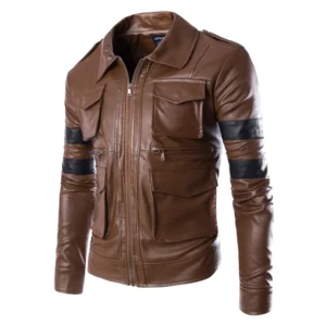 Braune Gothic Motorradjacke flache Ansicht Front mit schwarzen Armstreifen, Schulterpaspeln, funktionalen Verschlusstaschen und authentischen Biker-Details