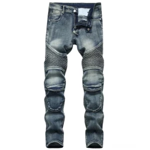 Schiefergrau Gothic Straight-Leg Denim Jeans mit distressierten Kniee-Patches, Herren Punk-Style Vollansicht von vorne