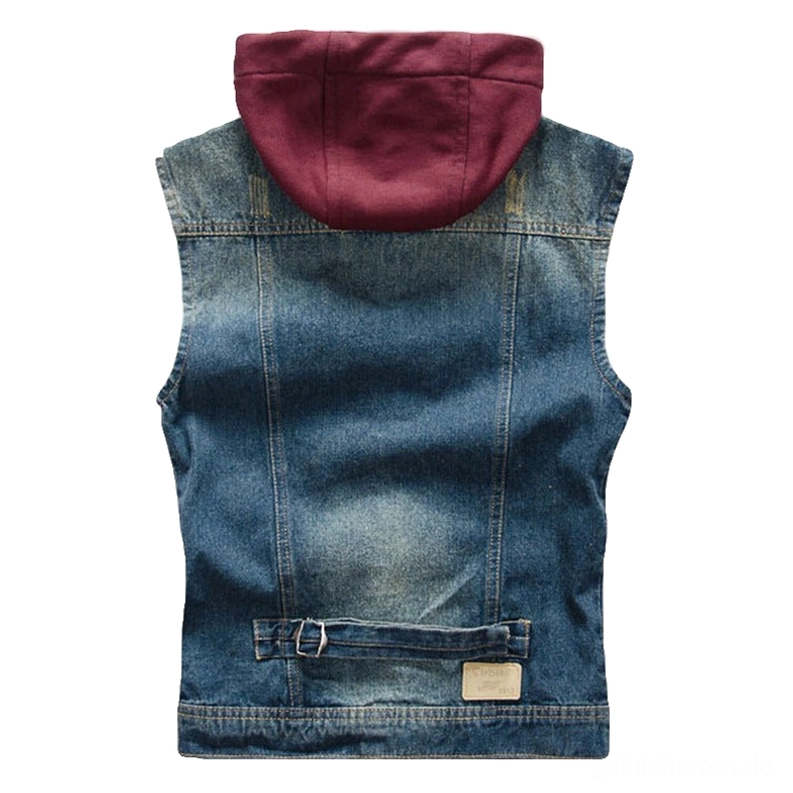 Gothic Denim Weste Rückenansicht – Verstellbarer Taillen-Gürtel und Schnalle, gewaschenes Vintage-Denim mit abnehmbarem Hood-Detail