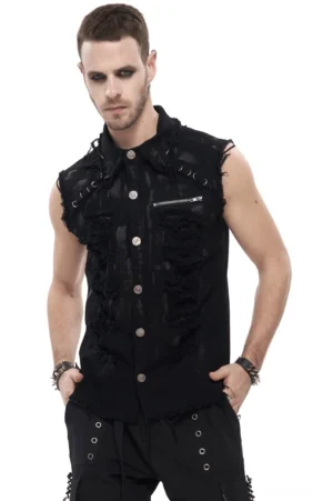 Herren Gothic Distressed Ärmellose Weste Vorderansicht mit Metallknöpfen und ausgefransten Rissen auf schwarzem Baumwollstoff