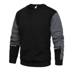Herren Gothic Farbblock Crewneck Sweatshirt schwarze und dunkelgraue Zweifarbenkonstruktion Frontansicht mit gestickten Manschetten und X-Stitch Rundhals Detail Pulli