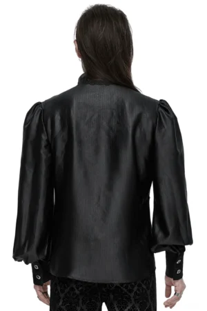 Rückansicht Herren Gothic Lace Hemd mit gesammelten Bubble Sleeves und Spitzensaum am strukturierten Stehkragen