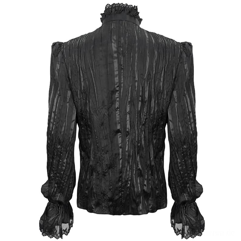 Herren Gothic schwarzes Rüschenhemd Flachlage Rückseite zeigt tailierte Konstruktion und bewusstes gewelltes Streifenmuster Gewebe-Finish