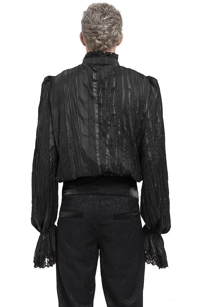 Herren Gothic schwarzes Rüschenhemd Rückseite mit hohem Spitzenkragen und taillierten Details kombiniert mit schwarzer Hose